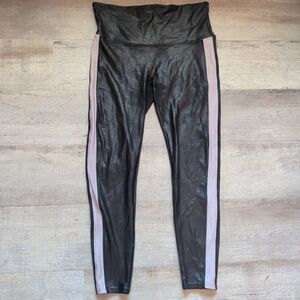 Spanx Women's Black Faux Leather Leggings 2X Pink Side Stripe High Rise